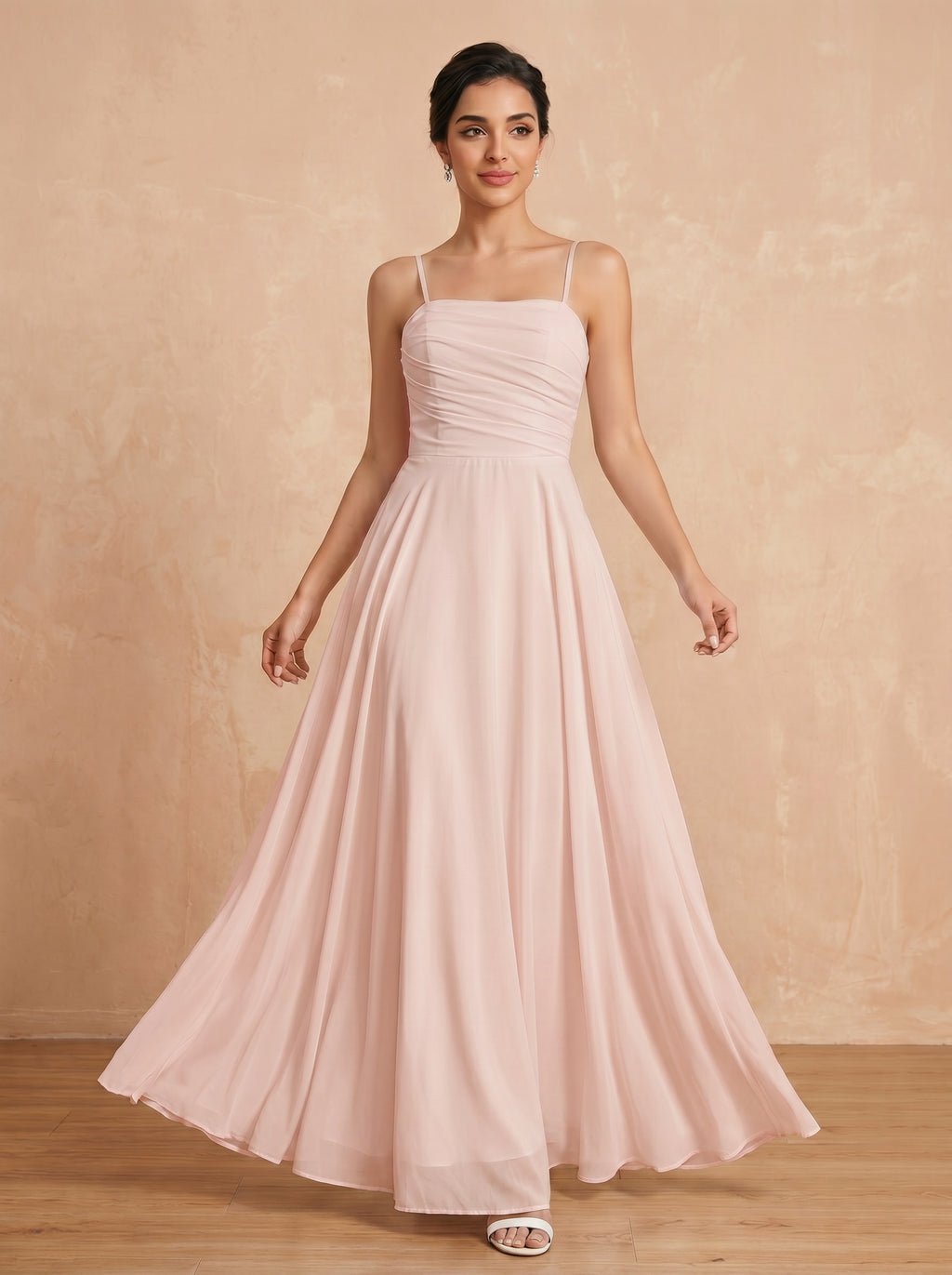 Lace up spaghetti strap ruched bust Chiffon bridesmaid dress