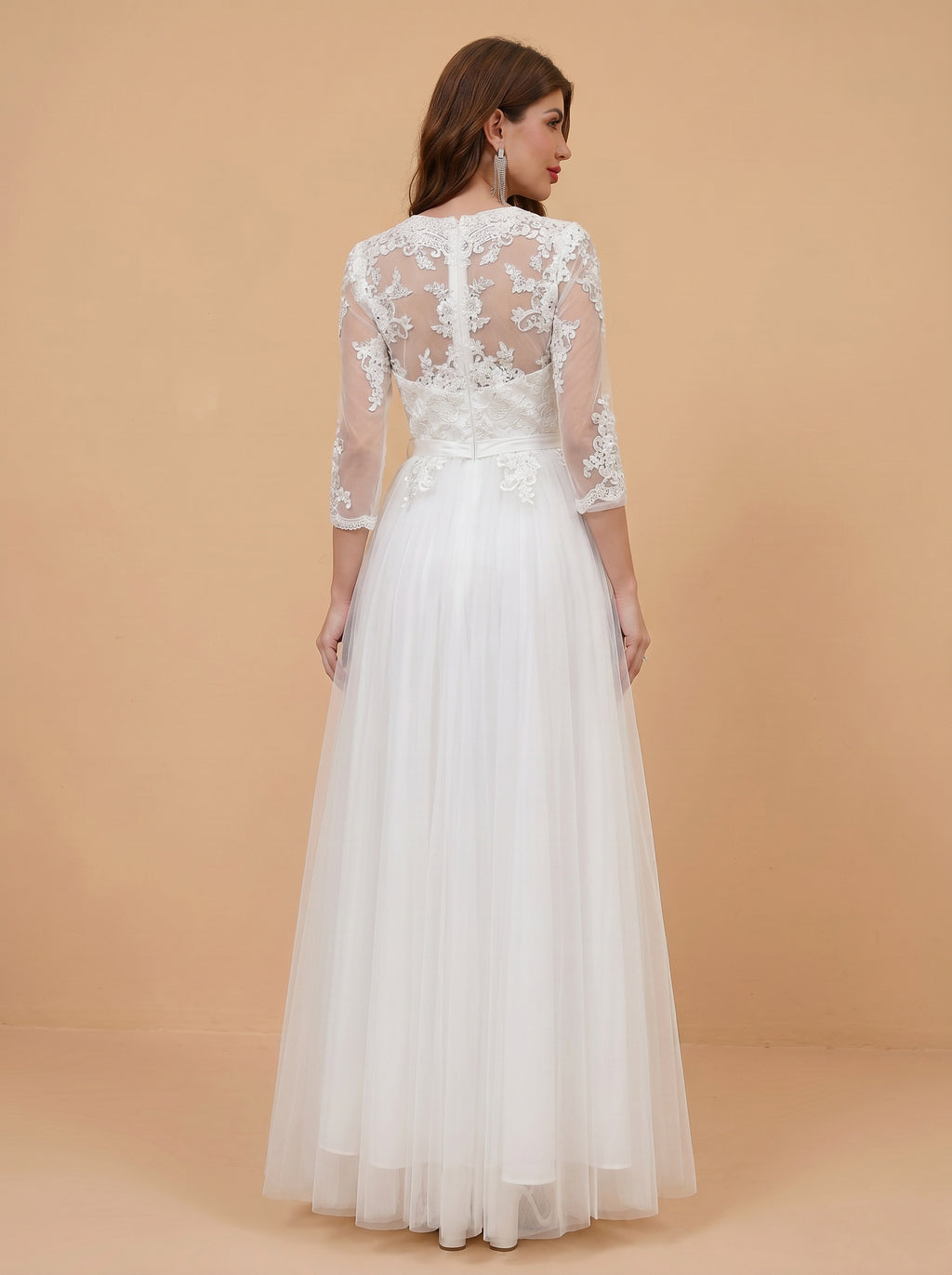 Lace appliques half sleeve tulle wedding dress