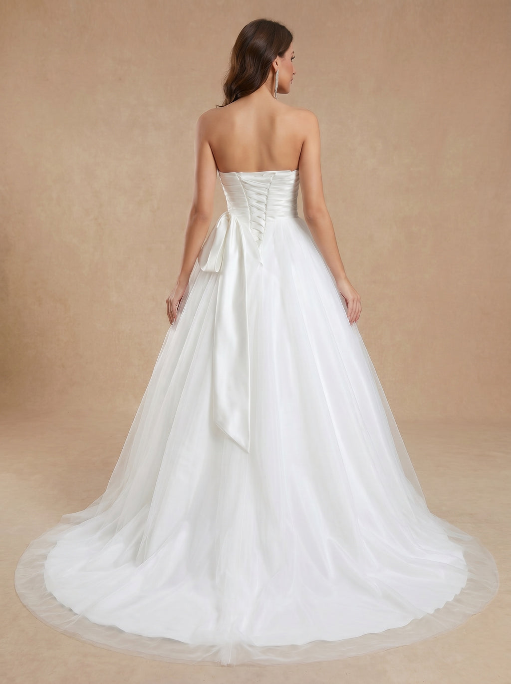 satin ruched bust trailing wedding dress with bow