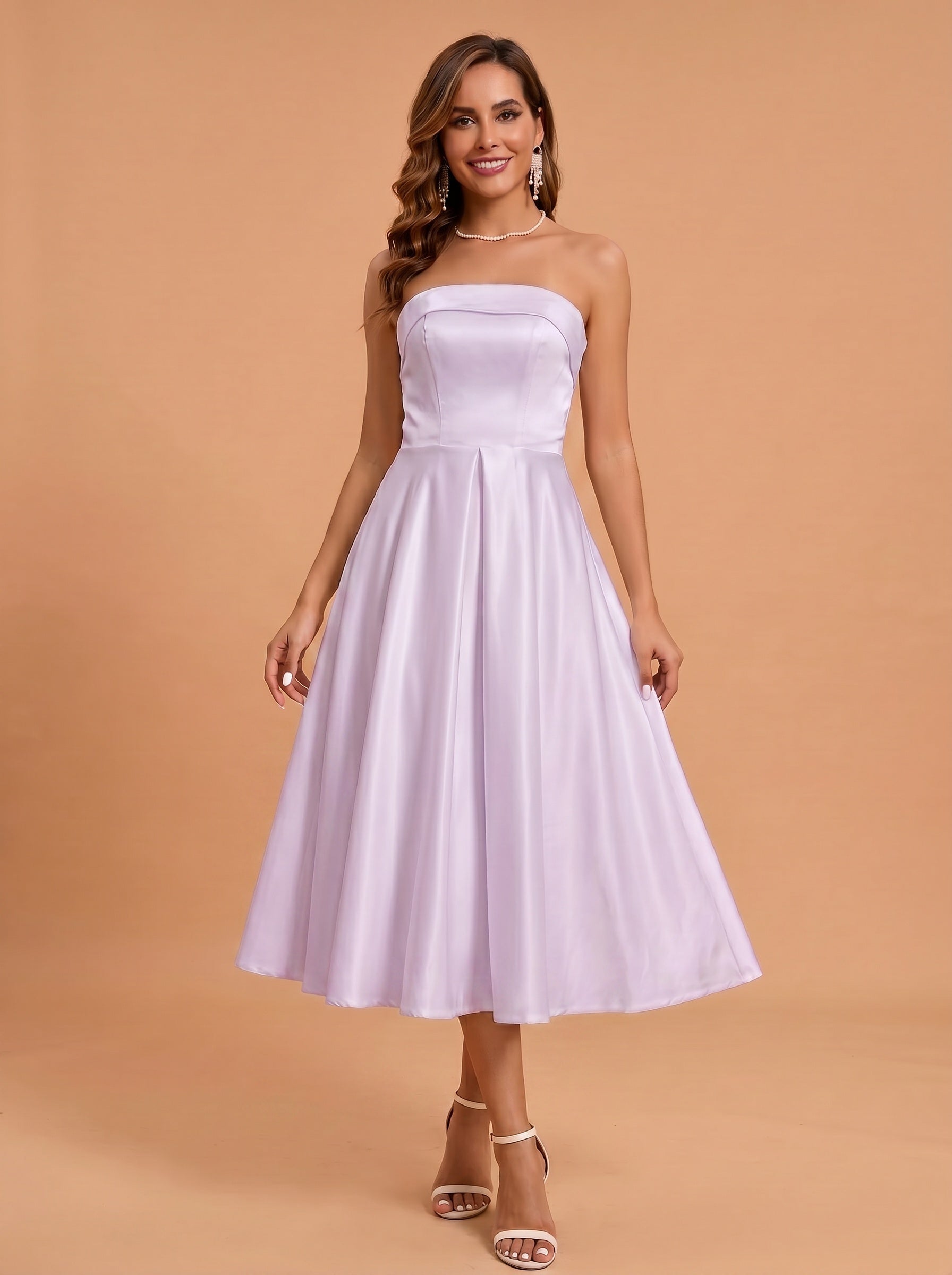 Classic folded satin white dress with pockets，midi length prom Dress