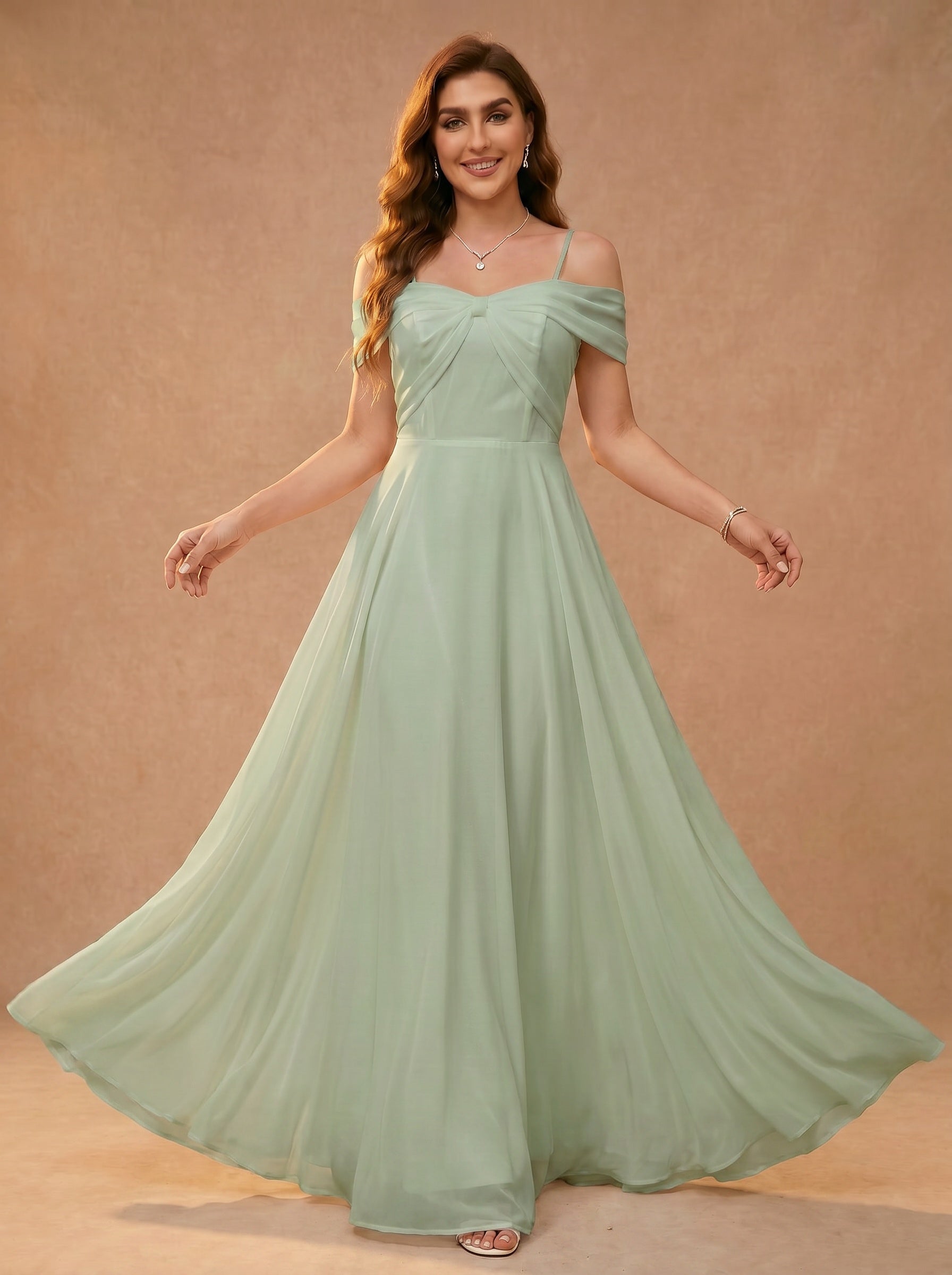 Bow shaped off the shoulder Chiffon bridesmaid dress