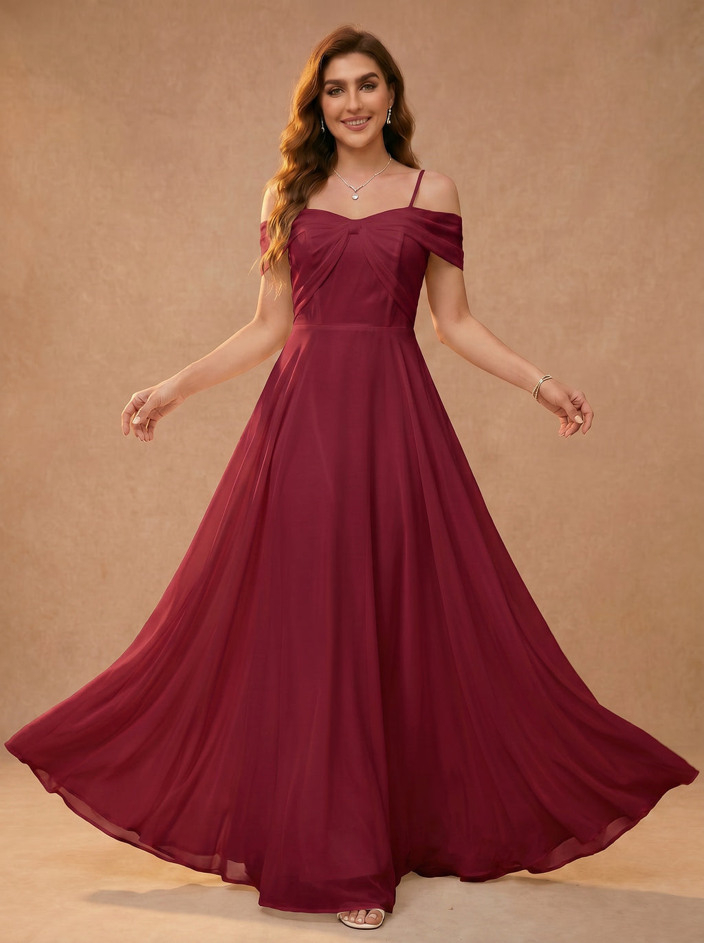 Bow shaped off the shoulder Chiffon bridesmaid dress