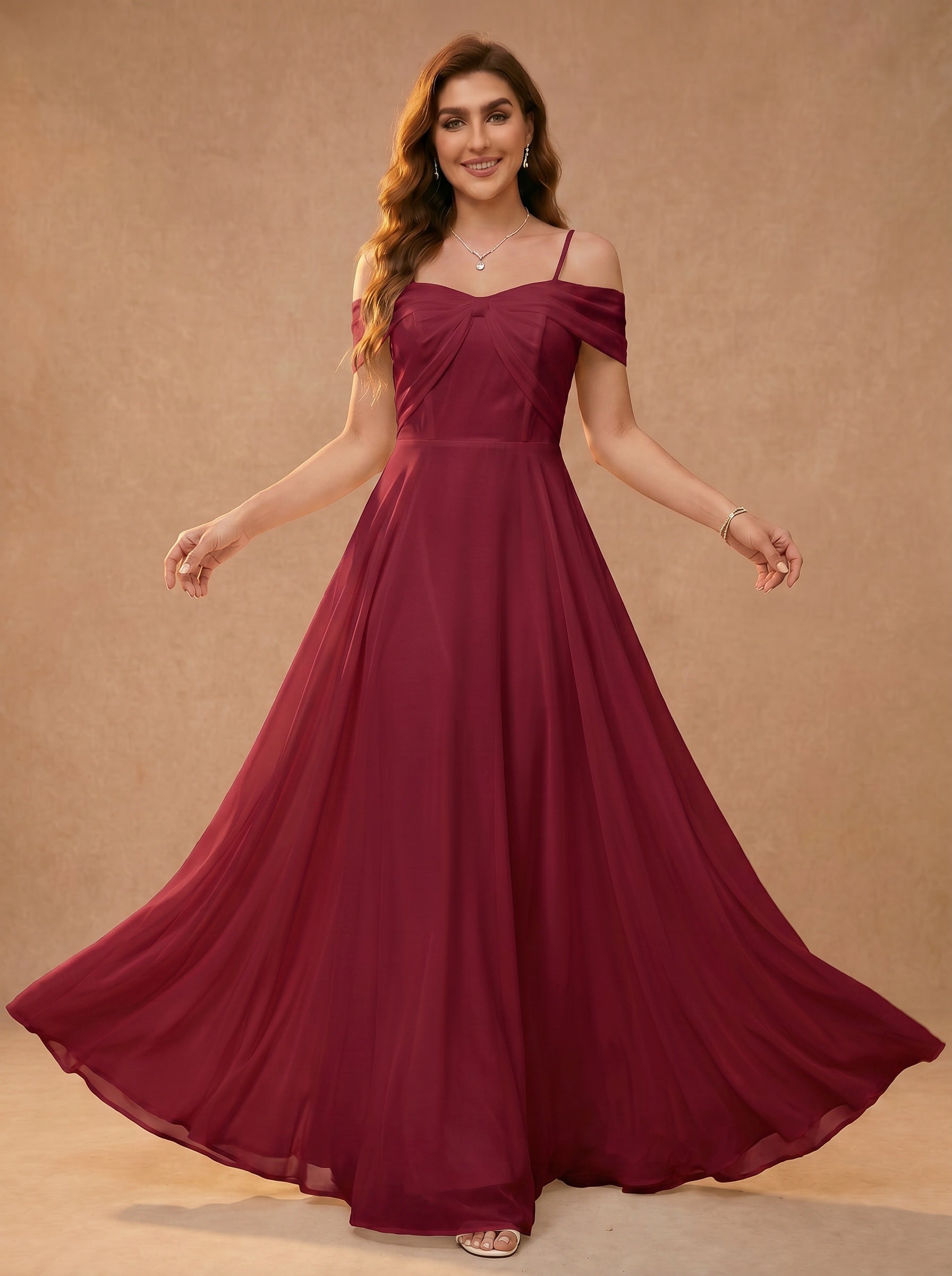 Bow shaped off the shoulder Chiffon bridesmaid dress