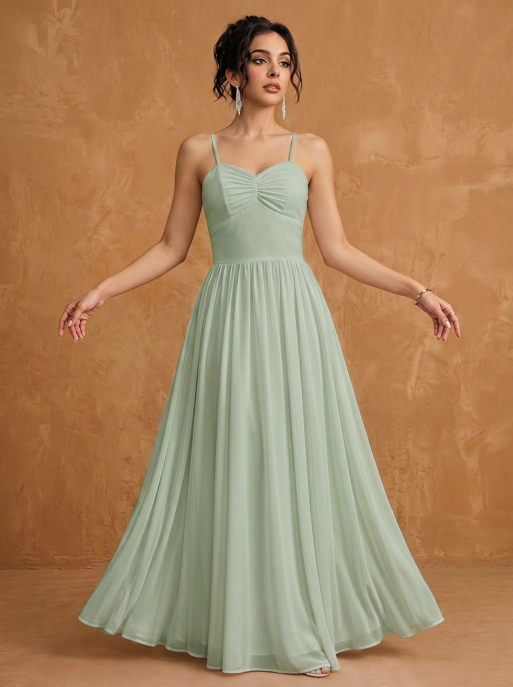 Lace up spaghetti strap ruched bust backless Chiffon bridesmaid dress