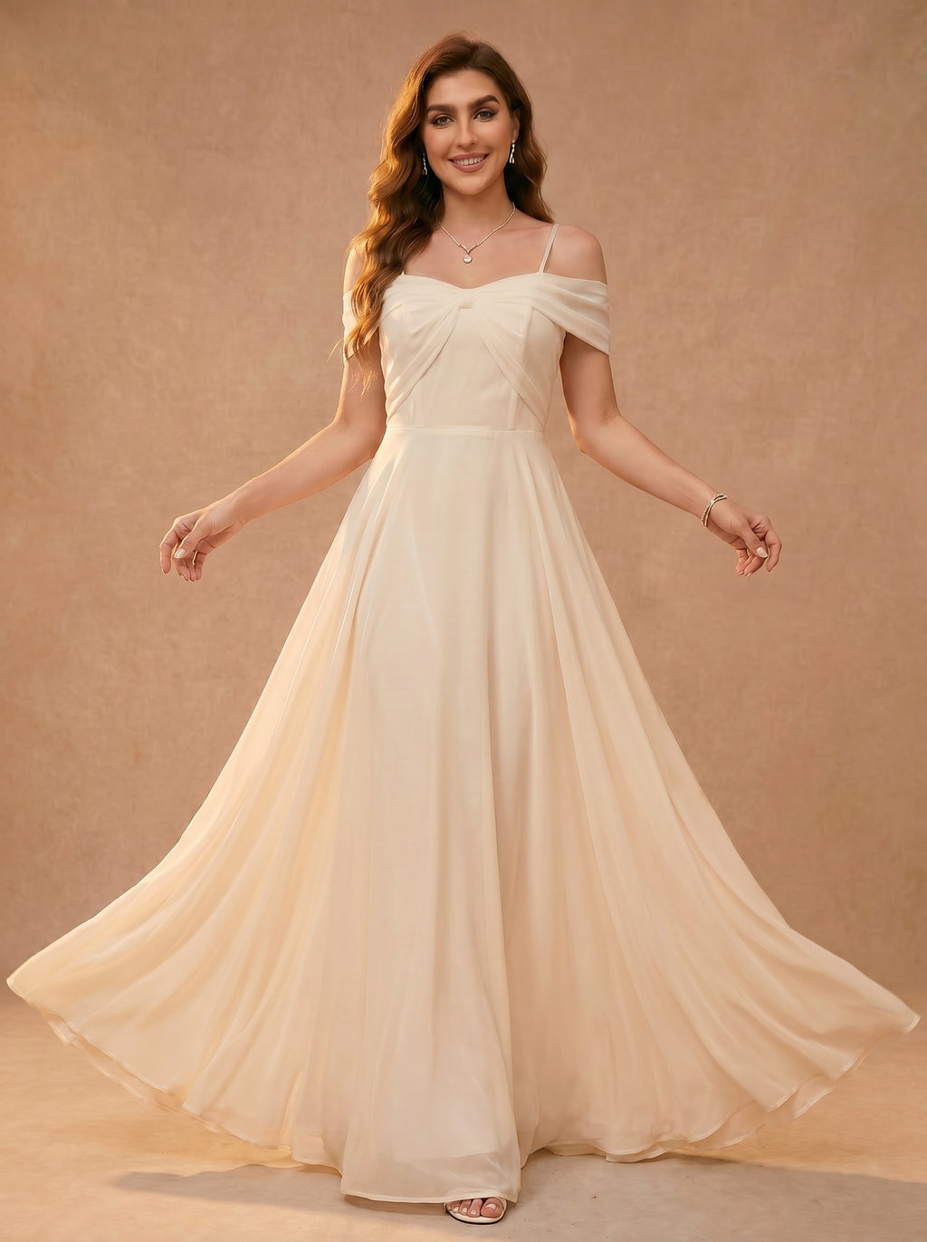 Bow shaped off the shoulder Chiffon bridesmaid dress