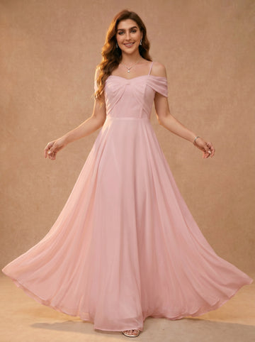 Bow shaped off the shoulder Chiffon bridesmaid dress