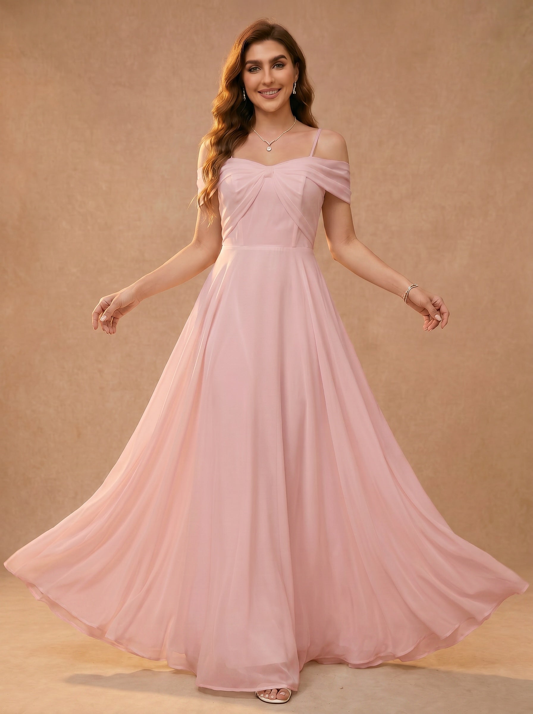 Bow shaped off the shoulder Chiffon bridesmaid dress
