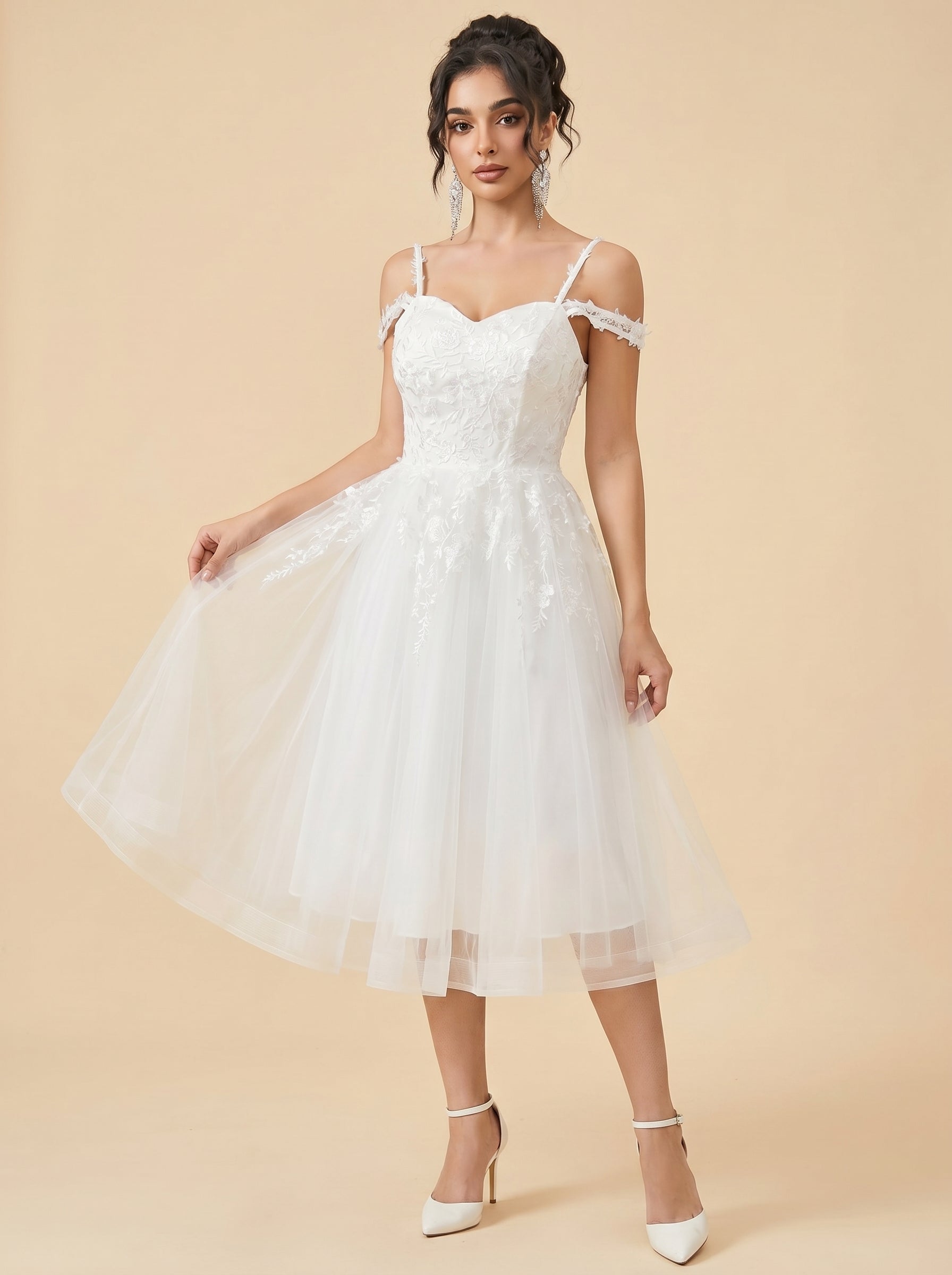 Off-the-shoulder/spaghetti strap midi Wedding Dresses,Tulle prom Dress
