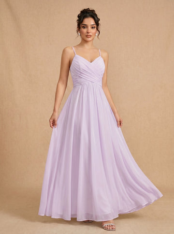 Lace up spaghetti strap ruched bust backless Chiffon bridesmaid dress