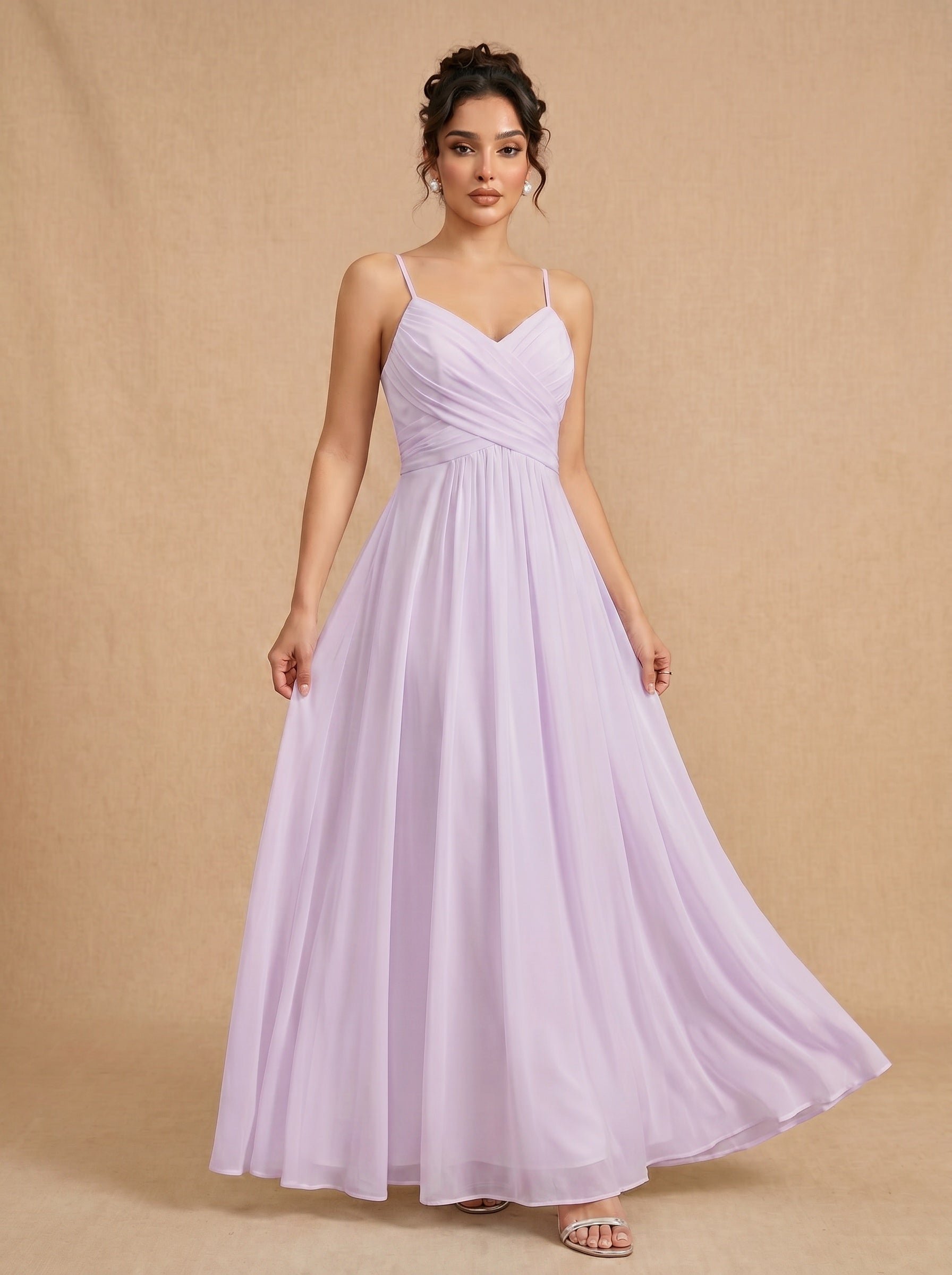 Lace up spaghetti strap ruched bust backless Chiffon bridesmaid dress