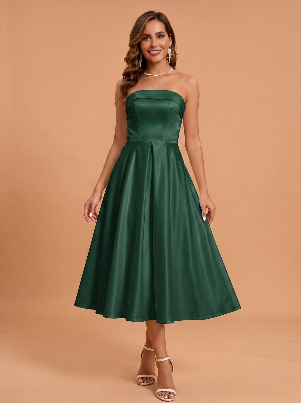 Classic folded satin white dress with pockets，midi length prom Dress
