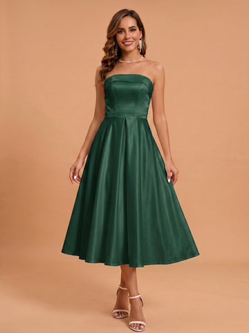 Classic folded satin white dress with pockets，midi length prom Dress