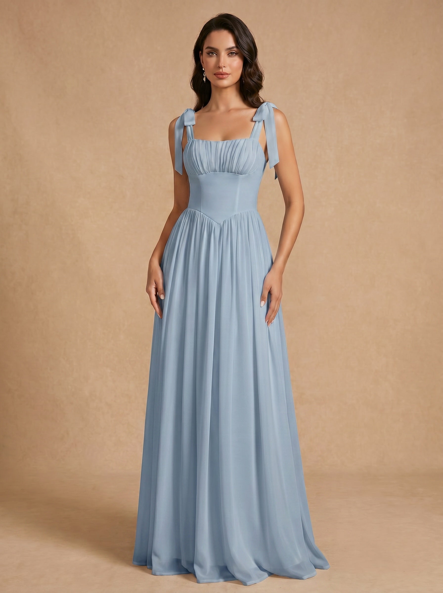 Lace up ruched bust Chiffon bridesmaid dress