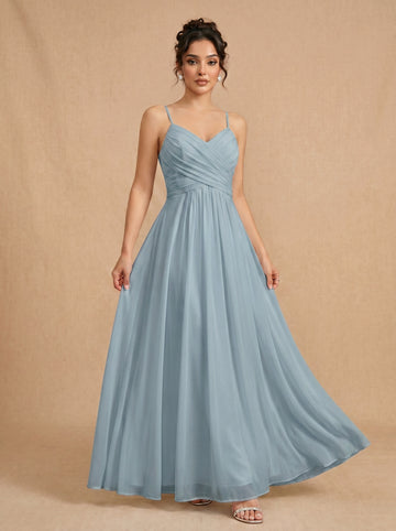 Lace up spaghetti strap ruched bust backless Chiffon bridesmaid dress