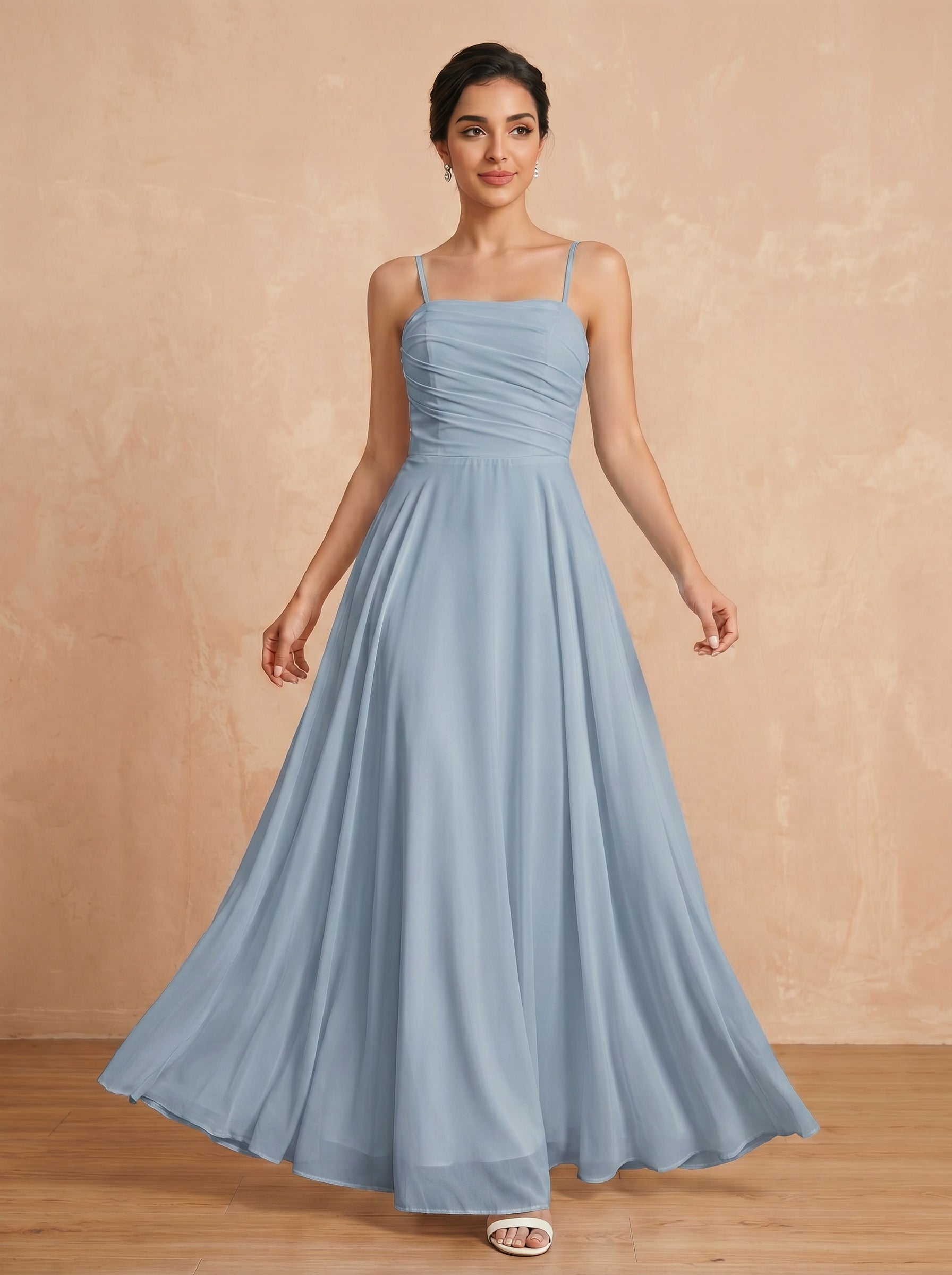 Lace up spaghetti strap ruched bust Chiffon bridesmaid dress