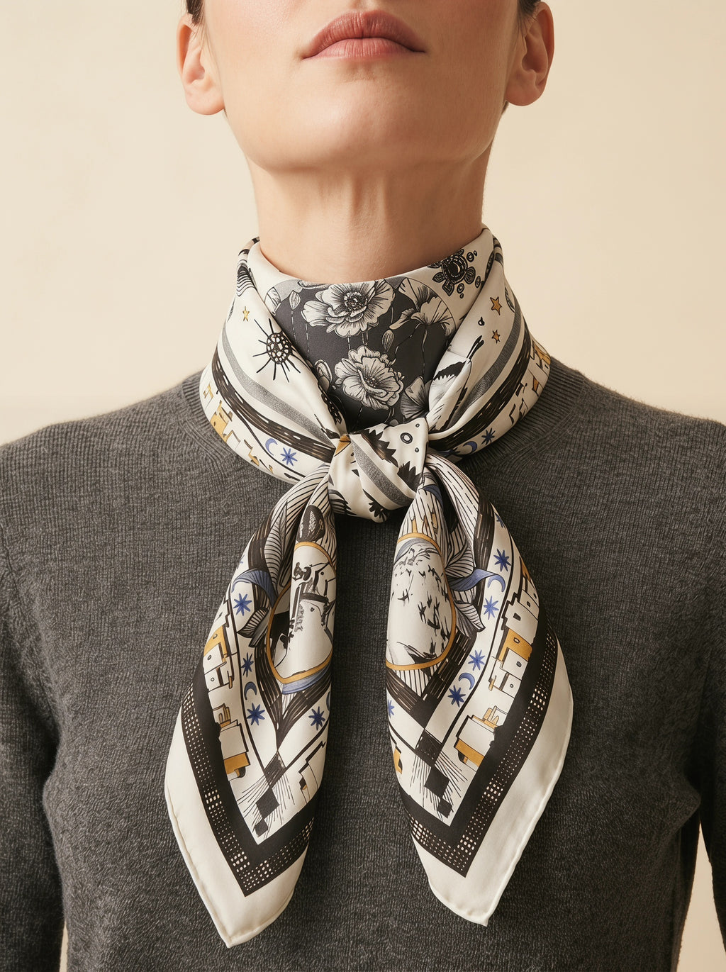 19.7in Vintage style print 100% mulberry Silk scarf accessories