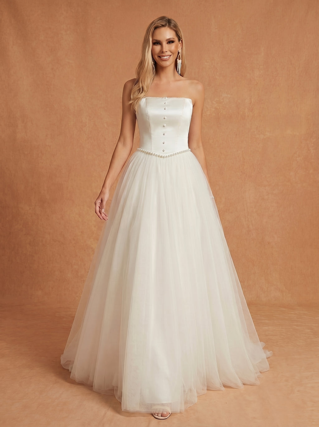 Imitation pearl embellishment trailing satin wedding dress