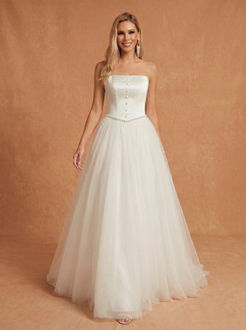 Imitation pearl embellishment trailing satin wedding dress