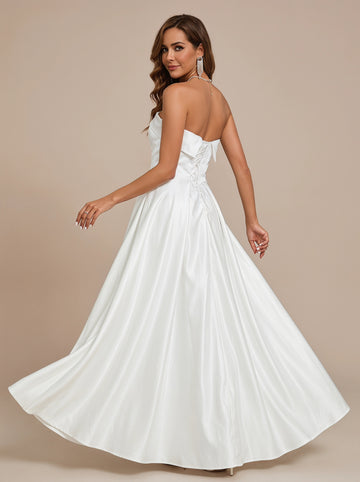 Classic folded satin wedding dress with pockets