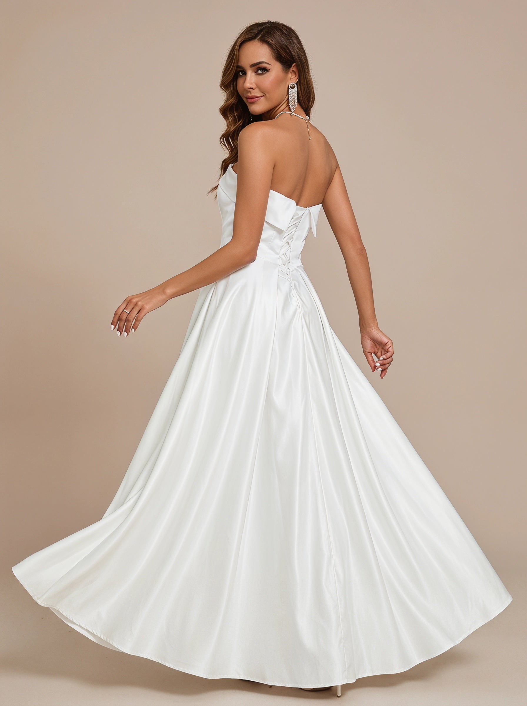 Classic folded satin wedding dress with pockets