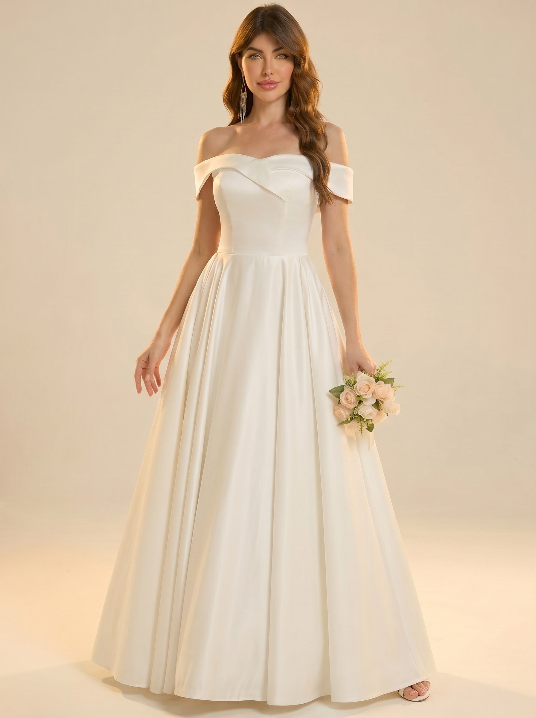 Off The Shoulder Satin Wedding Dresses with Pleated